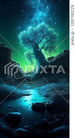 Big tree glowing colorful from night sky and star background Created with Generative AI technology. 108700226