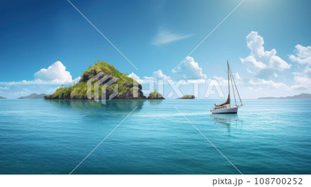 Tropical island in the ocean with palm trees and clear water Created with Generative AI technology. 108700252