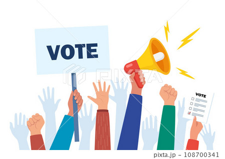 Go vote demonstration. Isolated up hands holding together. Election campaign. Hands holding vote signs, crowd of people. Vector illustration. 108700341