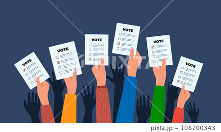 People's hands holding vote ballots. Voting and election concept. Vector illustration. People's hands holding vote ballots. Voting and election concept. Vector illustration. 108700343