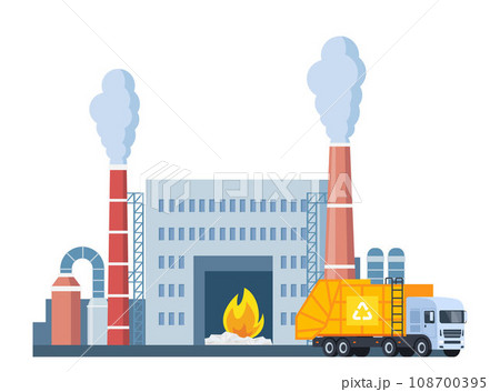 Incineration plant and garbage truck. Waste factory. Trash transportation and recycling. Rubbish disposal. Smoke pipes. Nature pollution. Industrial production building. Vector illustration. 108700395