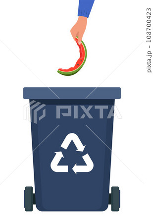Hand throws watermelon rind into the black Bin with recycling symbol for organic waste. Garbage sorting. Vector illustration for zero waste, environment protection concept. 108700423