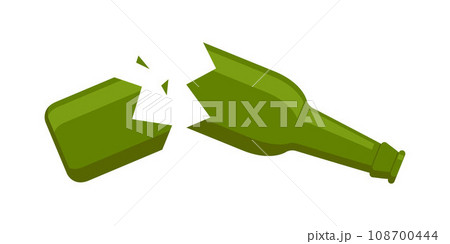 Broken beer bottle. Bottle broken into two halves. Broken, cracked glass bottle. Glass trash. Garbage recycle concept. Vector illustration. Broken beer bottle. Bottle broken into two halves. Broken, cracked glass bottle. Glass trash. Garbage recycle concept. Vector illustration. 108700444