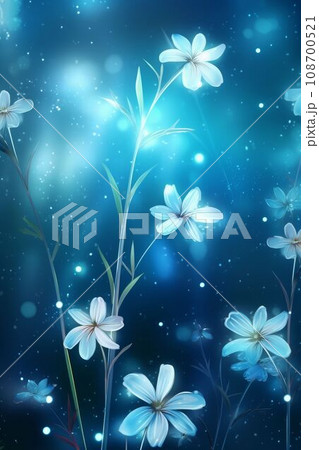 Magic white flower on blue spectrum in the dark like a dream Created with Generative AI technology. 108700521
