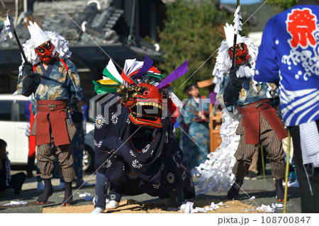 播州赤穂 新田日吉神社の秋祭り 町内巡行の天狗と獅子舞 播州赤穂 新田日吉神社の秋祭り 町内巡行の天狗と獅子舞 108700847