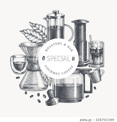 Alternative Coffee Makers Illustration. Vector Hand Drawn Specialty Coffee Equipment Banner. Vintage Style Coffee Bar Design 108701399
