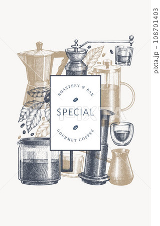 Alternative Coffee Makers Illustration. Vector Hand Drawn Specialty Coffee Equipment Banner. Vintage Style Coffee Bar Design 108701403