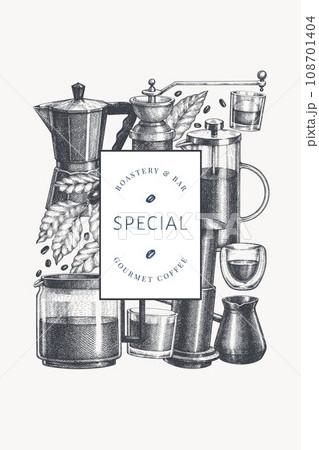 Alternative Coffee Makers Illustration. Vector Hand Drawn Specialty Coffee Equipment Banner. Vintage Style Coffee Bar Design 108701404