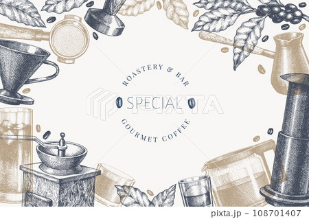 Alternative Coffee Makers Illustration. Vector Hand Drawn Specialty Coffee Equipment Banner. Vintage Style Coffee Bar Design Alternative Coffee Makers Illustration. Vector Hand Drawn Specialty Coffee Equipment Banner. Vintage Style Coffee Bar Design 108701407