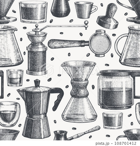 Alternative Coffee Makers Seamless Pattern. Vector Hand Drawn Specialty Coffee Equipment Background. Vintage Style Coffee Bar Design Alternative Coffee Makers Seamless Pattern. Vector Hand Drawn Specialty Coffee Equipment Background. Vintage Style Coffee Bar Design 108701412