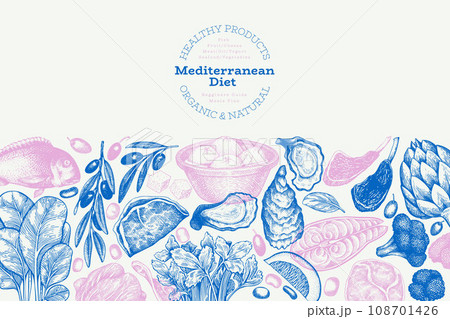 Mediterranean Cuisine Design Template. Vector Hand Drawn Healthy Food Banner. Vintage Style Menu Illustration. Mediterranean Cuisine Design Template. Vector Hand Drawn Healthy Food Banner. Vintage Style Menu Illustration. 108701426