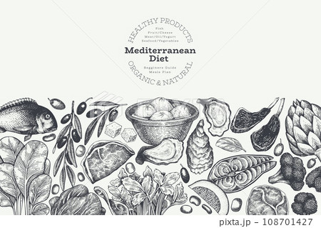 Mediterranean Cuisine Design Template. Vector Hand Drawn Healthy Food Banner. Vintage Style Menu Illustration. 108701427