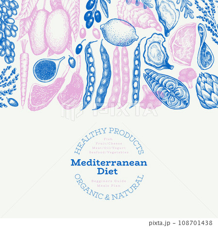 Mediterranean Cuisine Design Template. Vector Hand Drawn Healthy Food Banner. Vintage Style Menu Illustration. 108701438