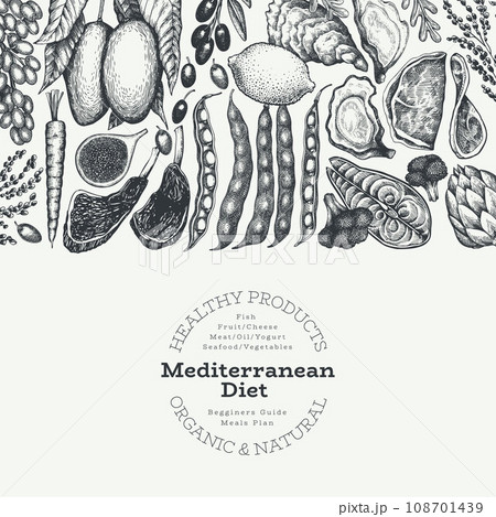 Mediterranean Cuisine Design Template. Vector Hand Drawn Healthy Food Banner. Vintage Style Menu Illustration. 108701439