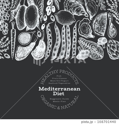 Mediterranean Cuisine Design Template. Vector Hand Drawn Healthy Food Banner. Vintage Style Menu Chalk Board Illustration. 108701440