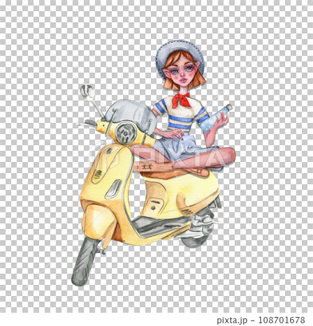 Composition of a small girl sitting on a scooter. Fashionable child. Stylish sketch. Fashion illustration. Design for baby shower party, birthday, cake, holiday celebration design, posters, greetings  108701678