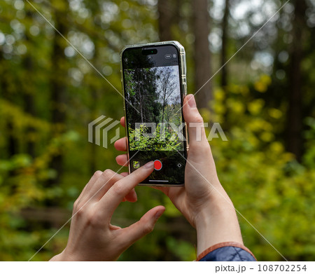 Berlin, Germany October 30 2023 Hands holding phone, taking mobile photo, shooting nature, forest Berlin, Germany October 30 2023 Hands holding phone, taking mobile photo, shooting nature, forest 108702254