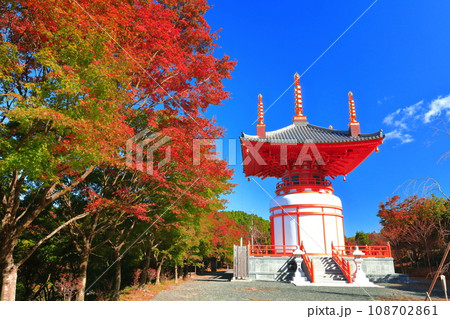 【福岡県】晴天の呑山観音寺の瑜祇大宝塔の紅葉 【福岡県】晴天の呑山観音寺の瑜祇大宝塔の紅葉 108702861