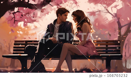 Couple lovers on bench in park, under tree. Valentine's day illustration Couple lovers on bench in park, under tree. Valentine's day illustration 108703232