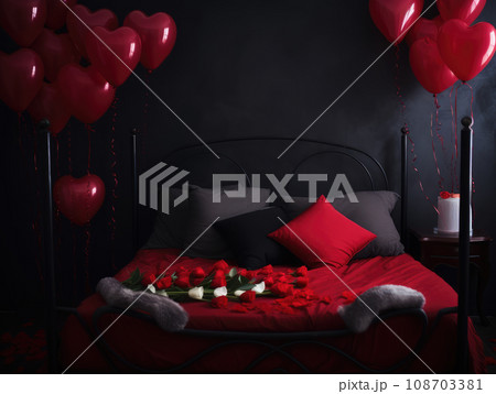 AI generation. Romantic Valentines Day background with bed with red linens, rose petals and candles. AI generation. Romantic Valentines Day background with bed with red linens, rose petals and candles. 108703381