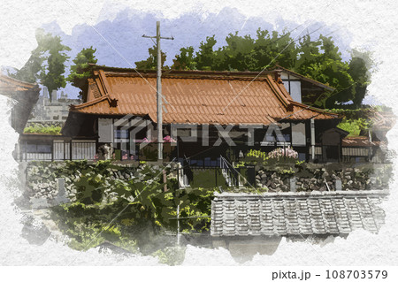 水彩画風　新見御殿町　安養寺　岡山県新見市 108703579