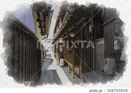 水彩画風　新見御殿町　三味線横丁　岡山県新見市 108703656