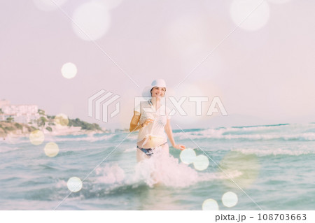 Young, Pretty Lady Relaxing In Vacation. Active Caucasian Young Woman In Sea Ocean. Happy Seaside Vacation. Beach Vacation Concept. Happy Beautiful Girl On Beach Vacation. Bright Summer 108703663