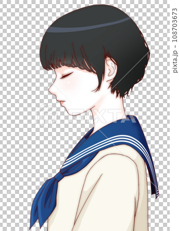 [Refined version] Color illustration of a female student looking sideways with her eyes closed, short hair, ribbon = navy blue 108703673