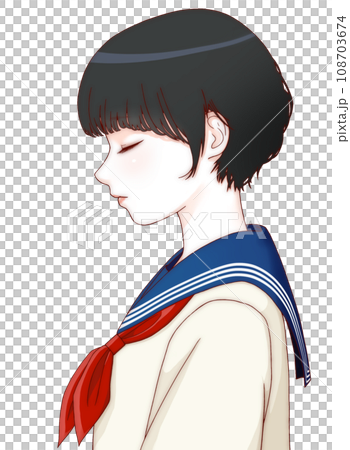 【精煉版】女學生閉眼側視彩色插畫，短髮，絲帶=紅色 108703674