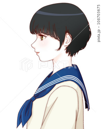 【リファイン版】微笑んだ、横向きの女学生のカラーイラスト ショートヘア リボン=紺 【リファイン版】微笑んだ、横向きの女学生のカラーイラスト ショートヘア リボン=紺 108703675