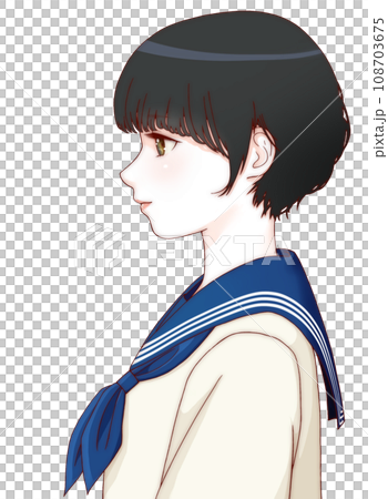 【精緻版】微笑女學生側身彩色插畫、短髮、緞帶=藏青色 108703675