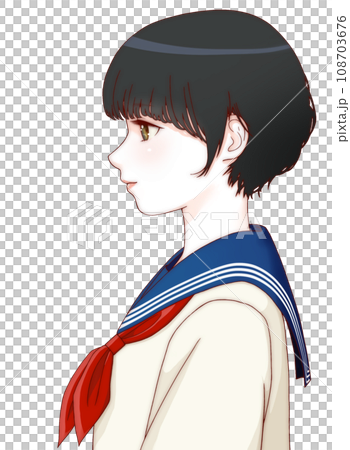 【精緻版】微笑側身女學生彩色插畫，短髮，緞帶=紅色 108703676