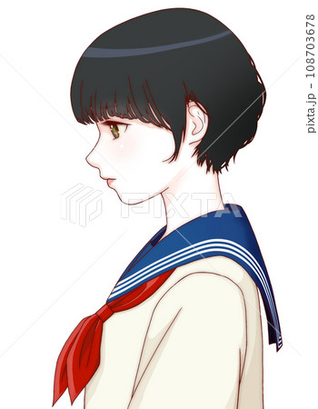 【リファイン版】うつむき加減な横向きの女学生のカラーイラスト　ショートヘア　リボン=赤 108703678