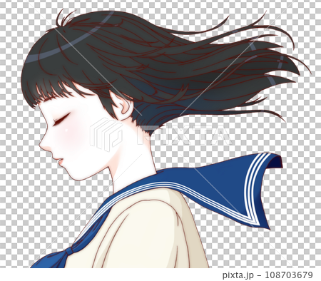 【精煉版】女學生側身閉眼、頭髮隨風飄揚的彩色插畫，長髮、絲帶=藏青色。 108703679