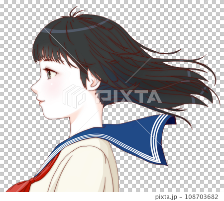 【精緻版】彩色插圖，微笑的女學生側身看，頭髮隨風飄揚。長髮。絲帶=紅色。 108703682