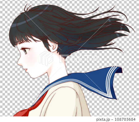 【精緻版】女學生側身彩色插畫，頭髮隨風飄揚。長髮。緞帶=紅色。 108703684