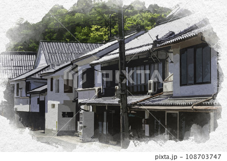 水彩画風　新見御殿町　寿福松原　松原通り　岡山県新見市 108703747