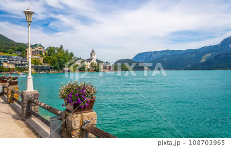 village of Sankt Wolfgang waterfront embankment at lake Wolfgangsee, Austria village of Sankt Wolfgang waterfront embankment at lake Wolfgangsee, Austria 108703965
