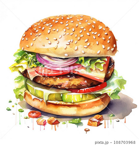 美味しそうなハンバーガーの水彩イラスト AI画像のイラスト素材