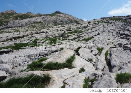 道を見失いそうになるアルプスの登山道 in フランス 道を見失いそうになるアルプスの登山道 in フランス 108704104