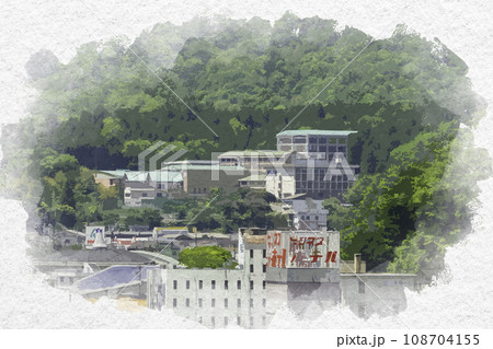 水彩画風　新見市街地　新見公立大学　岡山県新見市 108704155
