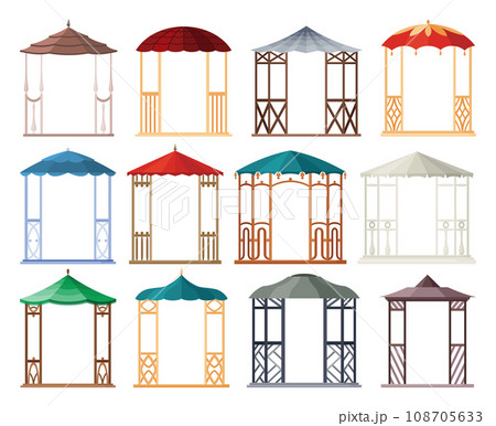 Gazebos pergolas in various styles. Architecture wooden bower flat cartoon icons set. Pavilion structure, city park or gardens area element isolated on white background. Vector illustration Gazebos pergolas in various styles. Architecture wooden bower flat cartoon icons set. Pavilion structure, city park or gardens area element isolated on white background. Vector illustration 108705633