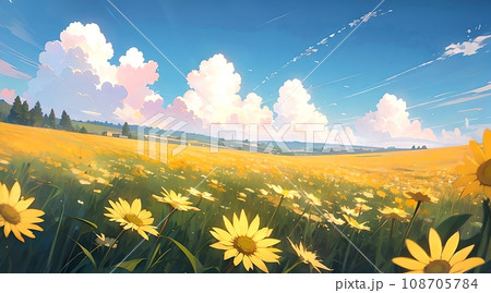 アニメ背景_青空と花畑の風景_001 108705784