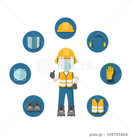 Design of person with his personal protective equipment and face mask and industrial safety icons 108705808