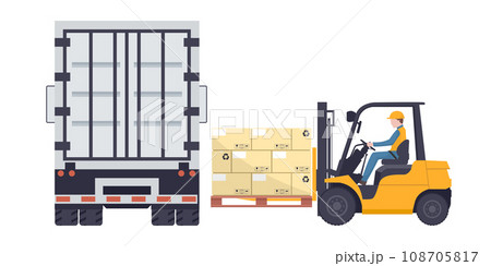 Worker driving a forklift loading a pallet with stacked boxes to a refrigerator truck. Industrial storage and distribution of products 108705817