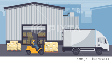 Industrial warehouse for the storage of products. Worker driving forklift loading pallets to refrigerator truck. Industrial storage and distribution of products Industrial warehouse for the storage of products. Worker driving forklift loading pallets to refrigerator truck. Industrial storage and distribution of products 108705834
