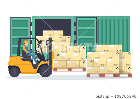 Forklift truck loading pallet with stacked boxes to a green cargo container or shipping container for storage and transportation of merchandise. Industrial storage and distribution of products 108705840