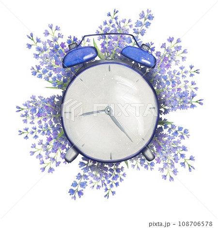 Vintage clock with lavender flowers, watercolor Vintage clock with lavender flowers, watercolor 108706578