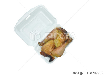 roasted chicken in foam box packing on white background roasted chicken in foam box packing on white background 108707265