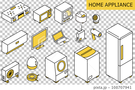 Illustration of home appliances necessary for new life, simple isometric Illustration of home appliances necessary for new life, simple isometric 108707941